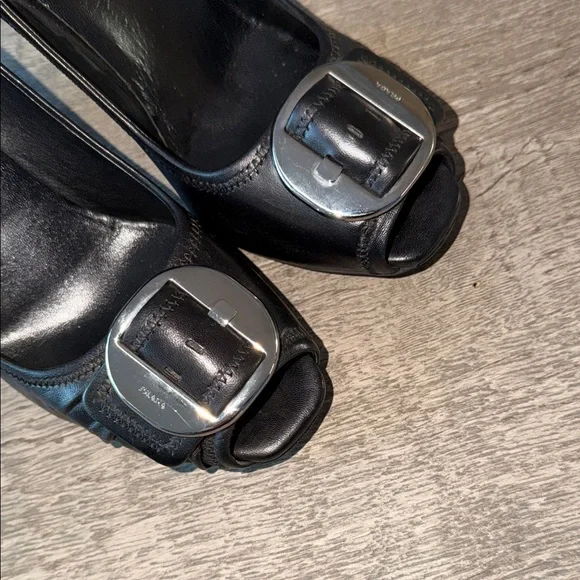 Prada Black Leather Buckle Heels Peep Toe Rare Vintage / EU 41 - Picture 13 of 14